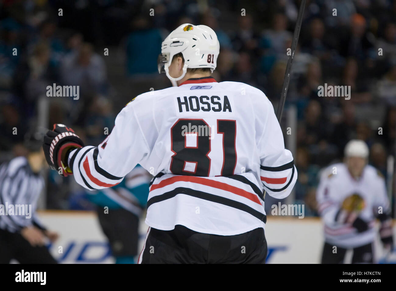 November 25, 2009; San Jose, CA, USA;  Chicago Blackhawks right wing Marian Hossa (81) reacts after scoring against the San Jose Sharks during the third period at HP Pavilion. Chicago defeated San Jose 7-2. Stock Photo