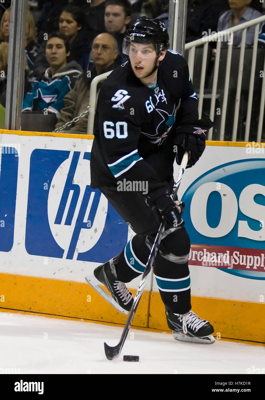 January 21, 2010; San Jose, CA, USA; San Jose Sharks defenseman Jason Demers (60) during the first period against the Anaheim Ducks at HP Pavilion.  San Jose defeated Anaheim 3-1. Stock Photo