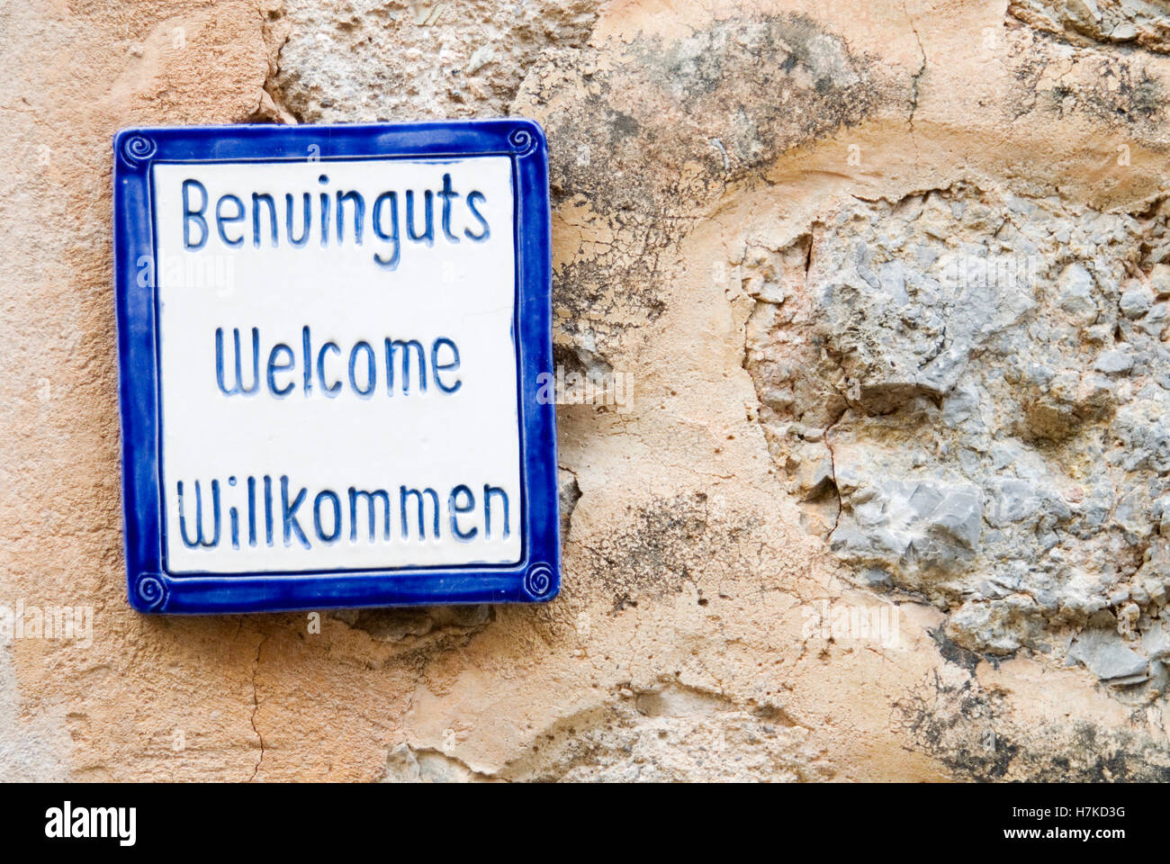 Welcome sign in Deia on the Balearic island of Majorca, Spain, Europe Stock Photo