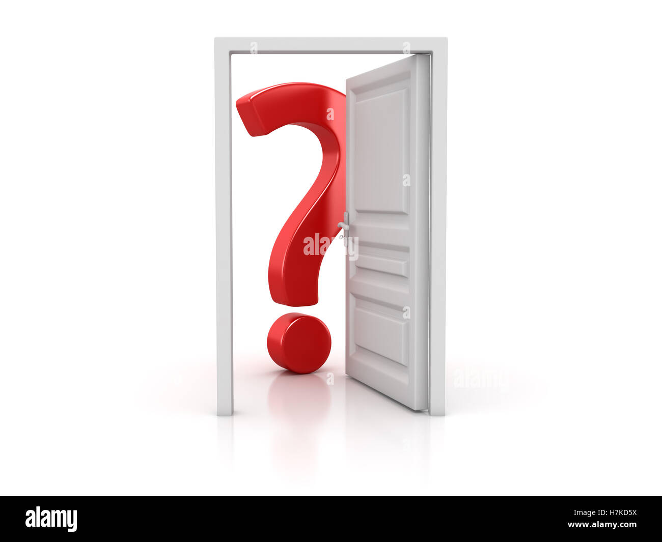 Red question mark with white open door , This is a 3d rendered computer generated image. Isolated on white. Stock Photo