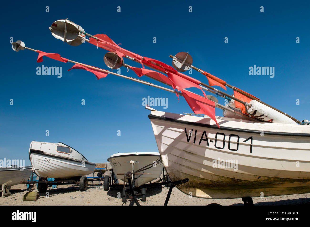 Fishing boats with fishing flags in the Vitt fishing village, Ruegen