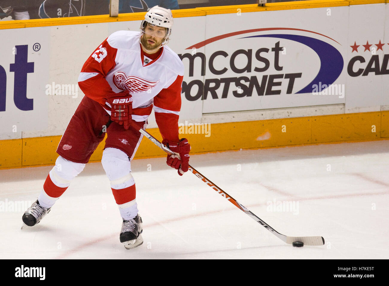 April 29, 2010; San Jose, CA, USA;  Detroit Red Wings defenseman Brad Stuart (23) against the San Jose Sharks during the first period of game one of the western conference semifinals of the 2010 Stanley Cup Playoffs at HP Pavilion. San Jose defeated Detroit 4-3. Stock Photo