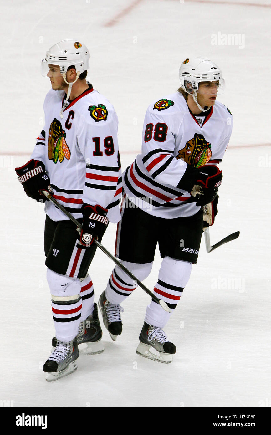 Chicago Blackhawks right wing Dustin Byfuglien (R) and center Jonathan  Toews celebrates Byfuglien's goal during the third period of game 4 of the  NHL Western Conference Finals at the United Center in