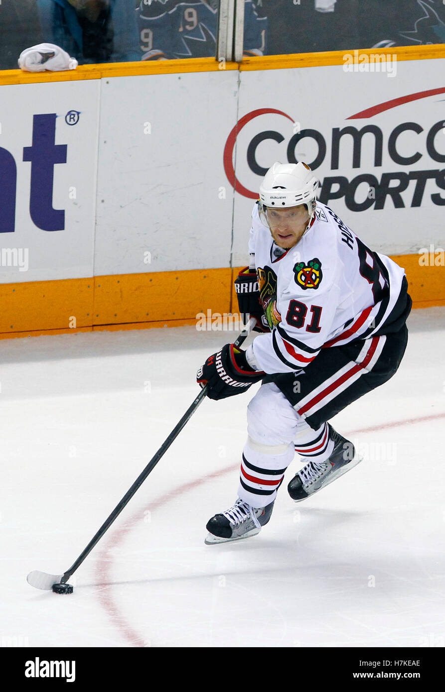 May 16, 2010; San Jose, CA, USA;  Chicago Blackhawks right wing Marian Hossa (81) during the third period of game one of the western conference finals of the 2010 Stanley Cup Playoffs against the San Jose Sharks at HP Pavilion.  Chicago defeated San Jose 2-1. Stock Photo