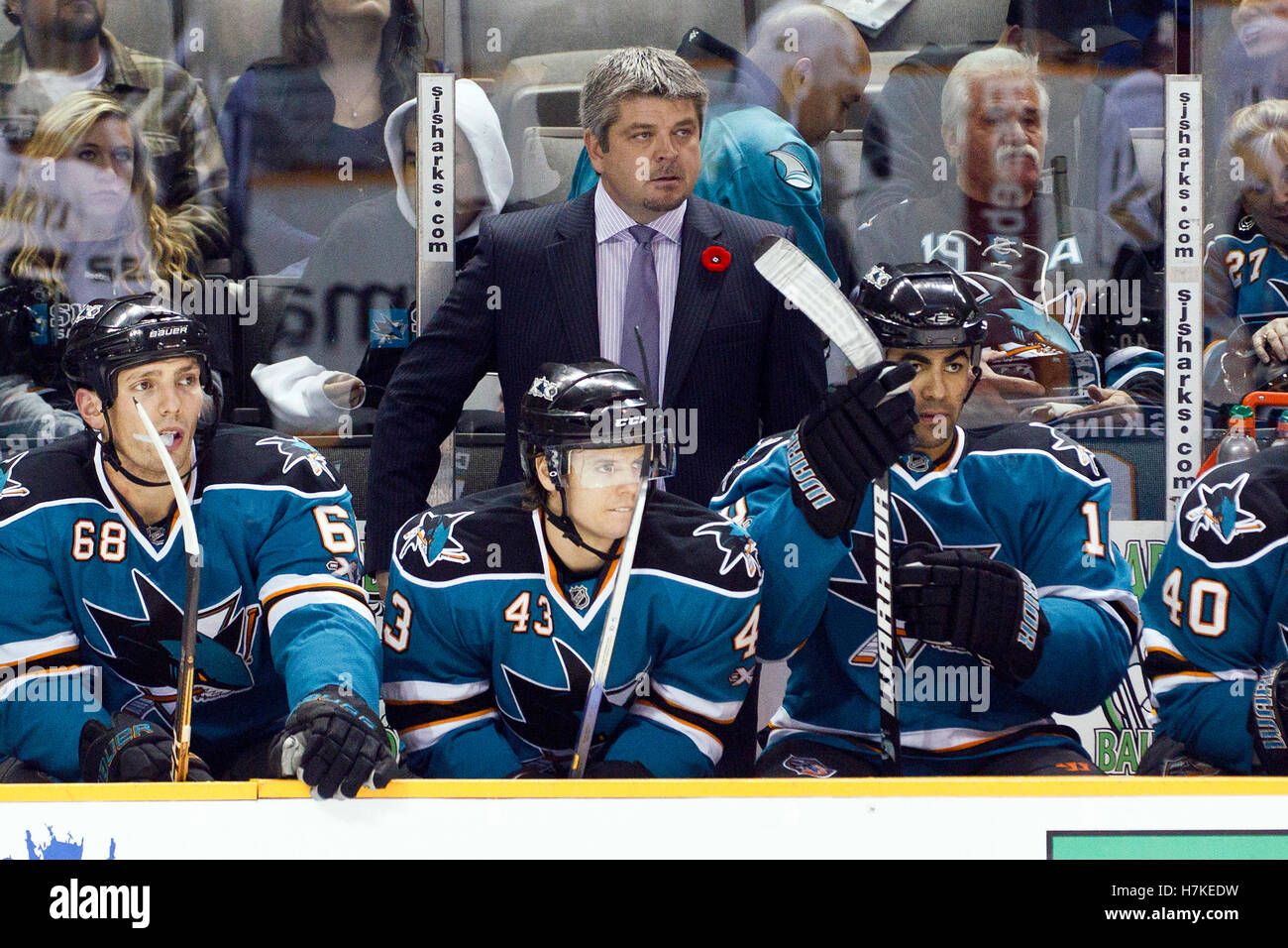 November 9, 2010; San Jose, CA, USA;  San Jose Sharks head coach Todd McLellan on the bench against the Anaheim Ducks during the second period at HP Pavilion. Stock Photo