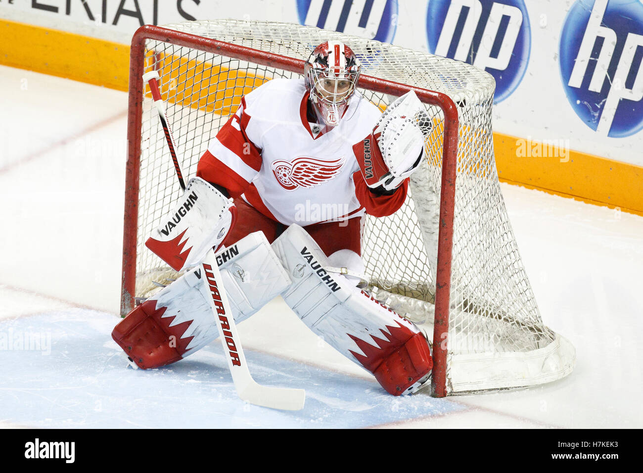 November 30, 2010; San Jose, CA, USA; Detroit Red Wings goalie Jimmy Howard (35) warms up before the game against the San Jose Sharks at HP Pavilion. Stock Photo