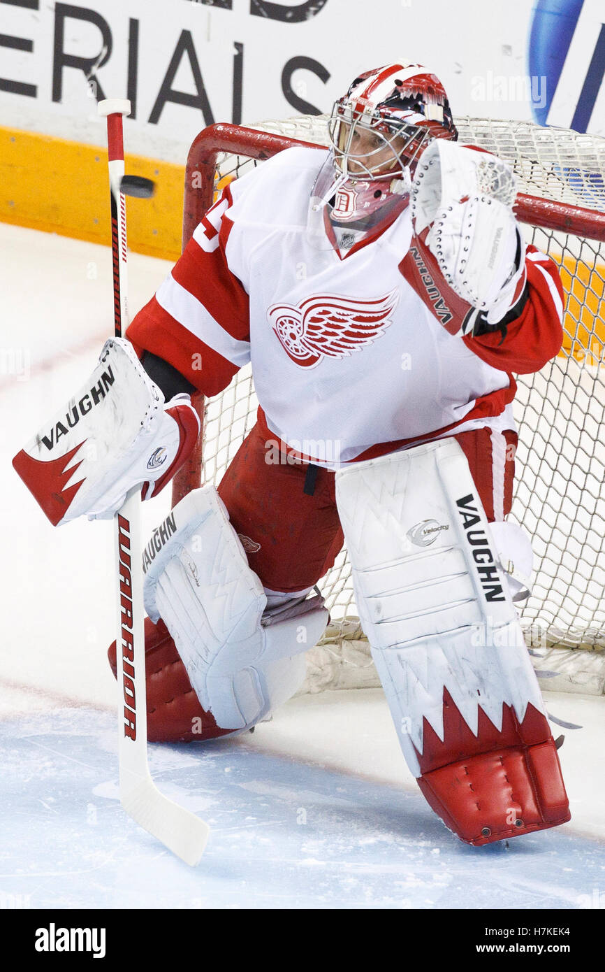 November 30, 2010; San Jose, CA, USA; Detroit Red Wings goalie Jimmy Howard (35) warms up before the game against the San Jose Sharks at HP Pavilion. Stock Photo