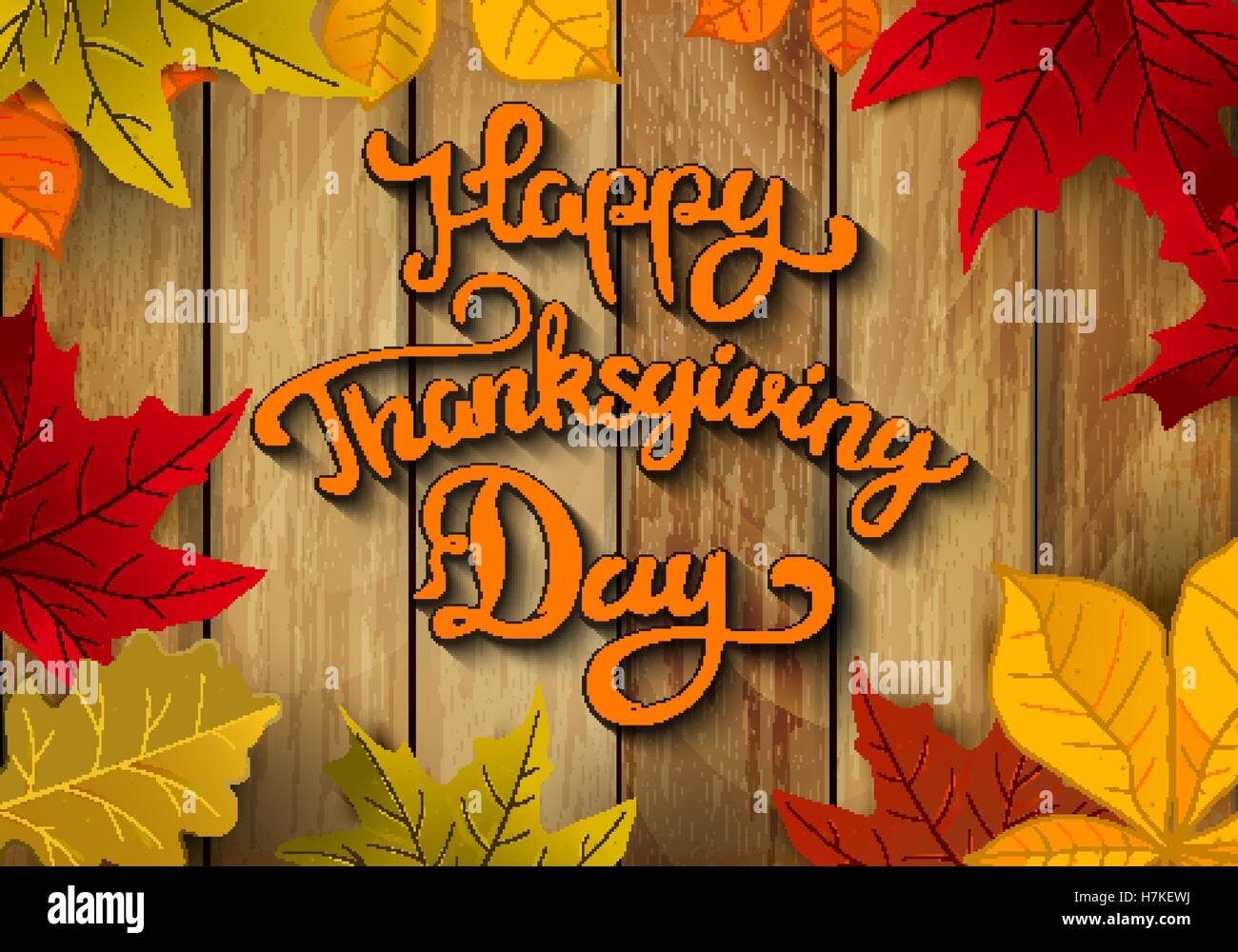 Happy Thanksgiving Day. Hand drawn lettering with yellow autumn leaves on wooden background. Design element for poster, flyer, g Stock Vector