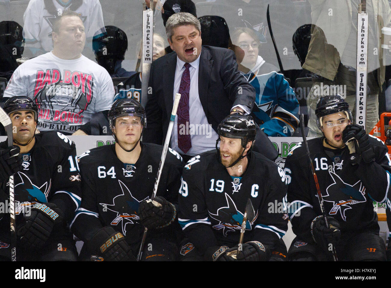 January 3, 2011; San Jose, CA, USA;  San Jose Sharks head coach Todd McLellan argues a call from the bench against the Vancouver Canucks during the third period at HP Pavilion. Vancouver defeated San Jose 4-3. Stock Photo