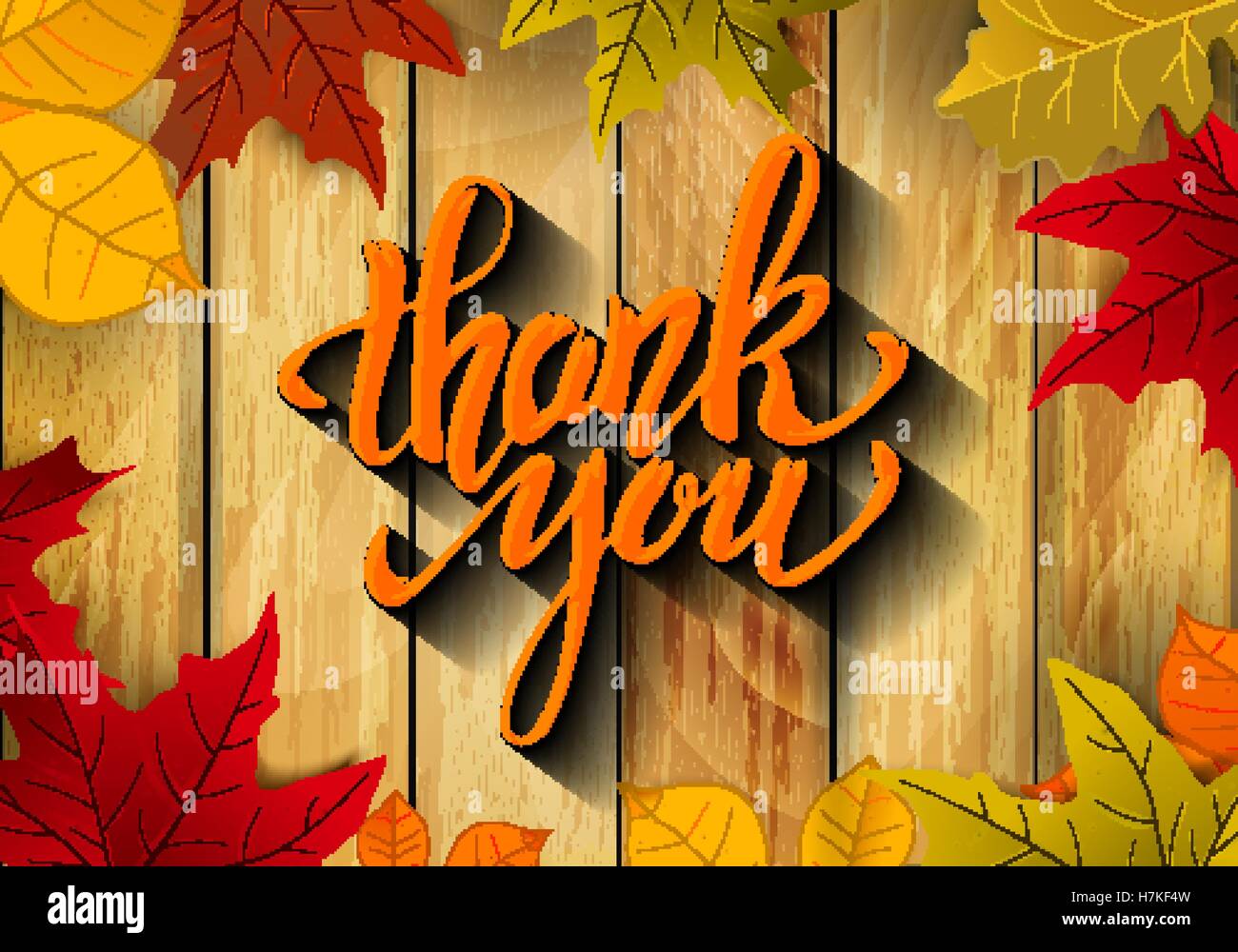 Thank You. Hand drawn lettering with yellow autumn leaves on wooden background. Design element for poster, flyer, greeting card. Stock Vector