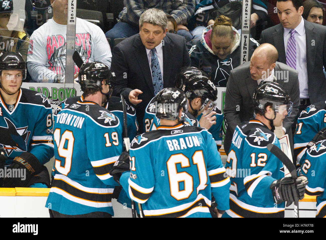 January 11, 2011; San Jose, CA, USA; San Jose Sharks head coach Todd McLellan talks to his team during a timeout against the Toronto Maple Leafs during the third period at HP Pavilion. Toronto defeated San Jose 4-2. Stock Photo