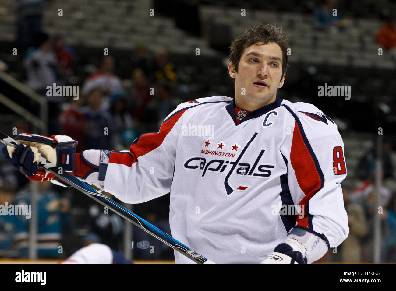 February 17, 2011; San Jose, CA, USA;  Washington Capitals left wing Alex Ovechkin (8) warms up before the game against the San Jose Sharks at HP Pavilion. Stock Photo