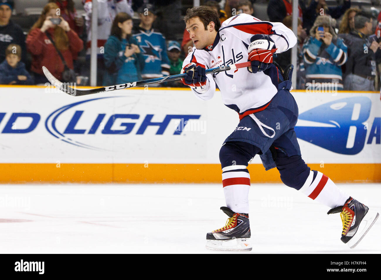 February 17, 2011; San Jose, CA, USA;  Washington Capitals left wing Alex Ovechkin (8) warms up before the game against the San Jose Sharks at HP Pavilion.  San Jose defeated Washington 3-2. Stock Photo