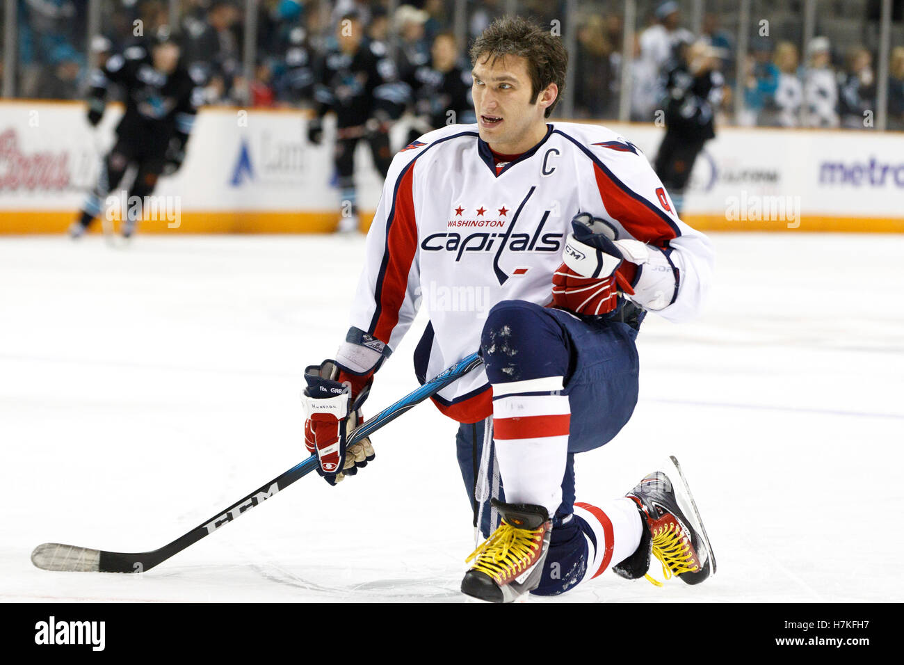 February 17, 2011; San Jose, CA, USA;  Washington Capitals left wing Alex Ovechkin (8) warms up before the game against the San Jose Sharks at HP Pavilion.  San Jose defeated Washington 3-2. Stock Photo