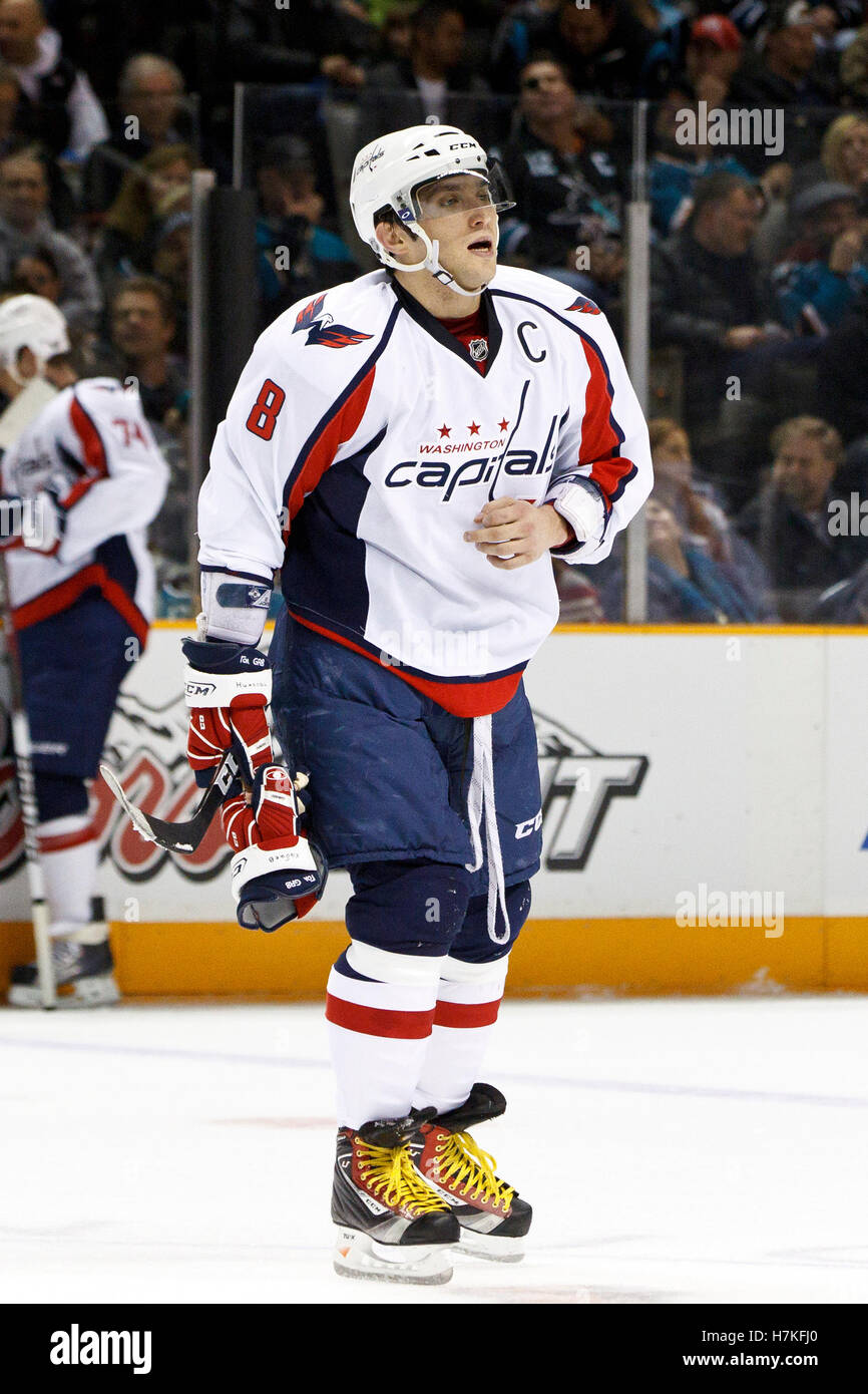 February 17, 2011; San Jose, CA, USA;  Washington Capitals left wing Alex Ovechkin (8) skates to the penalty box during the first period against the San Jose Sharks at HP Pavilion.  San Jose defeated Washington 3-2. Stock Photo
