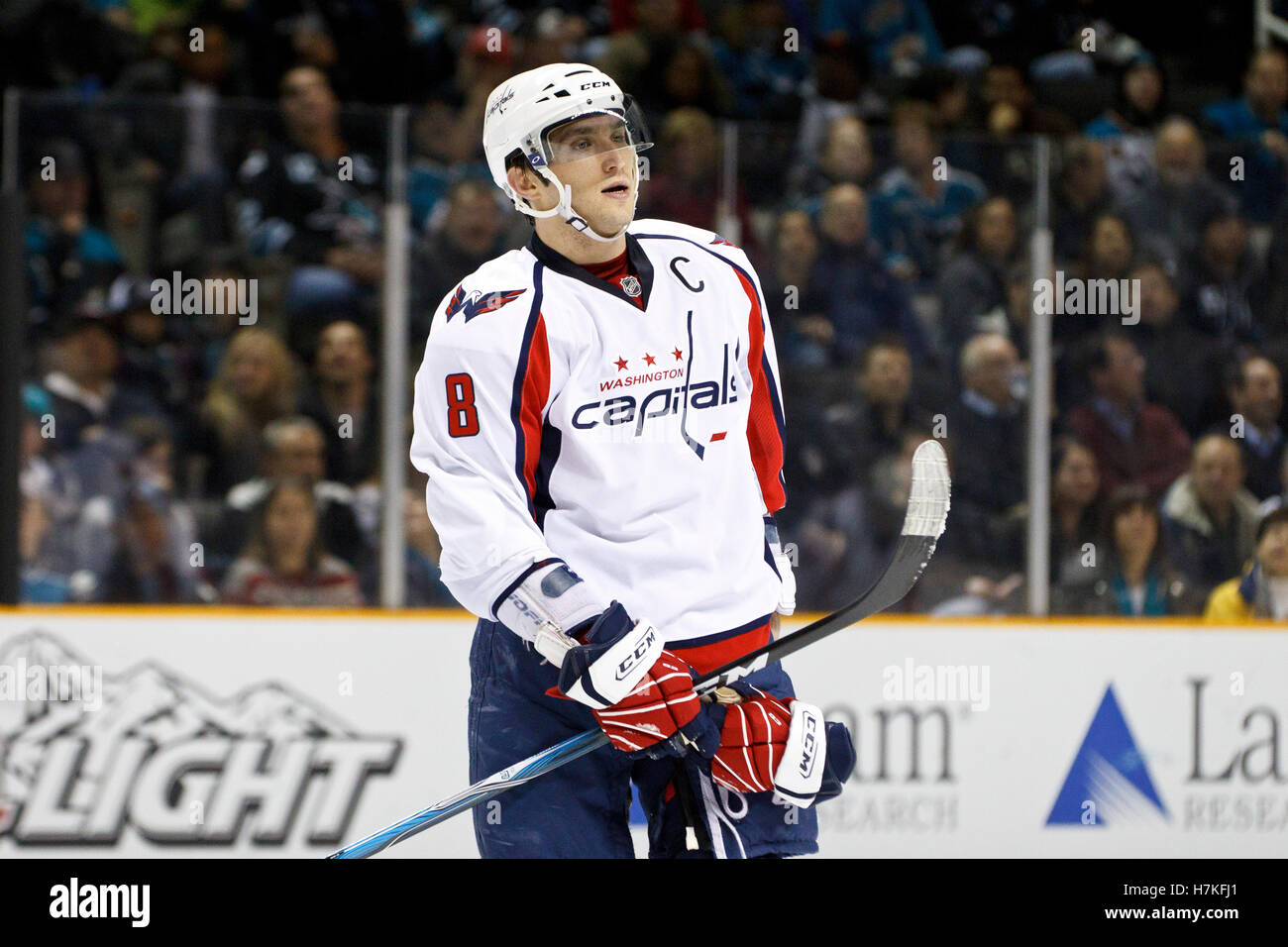 February 17, 2011; San Jose, CA, USA;  Washington Capitals left wing Alex Ovechkin (8) skates to the penalty box during the first period against the San Jose Sharks at HP Pavilion.  San Jose defeated Washington 3-2. Stock Photo