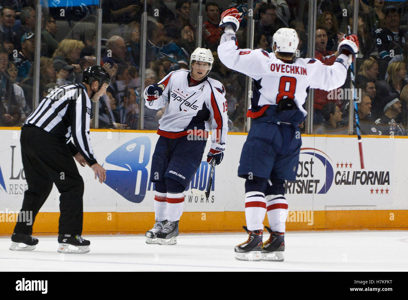 February 17, 2011; San Jose, CA, USA;  Washington Capitals center Nicklas Backstrom (back) is congratulated by left wing Alex Ovechkin (8) after scoring a goal against the San Jose Sharks during the third period at HP Pavilion.  San Jose defeated Washington 3-2. Stock Photo