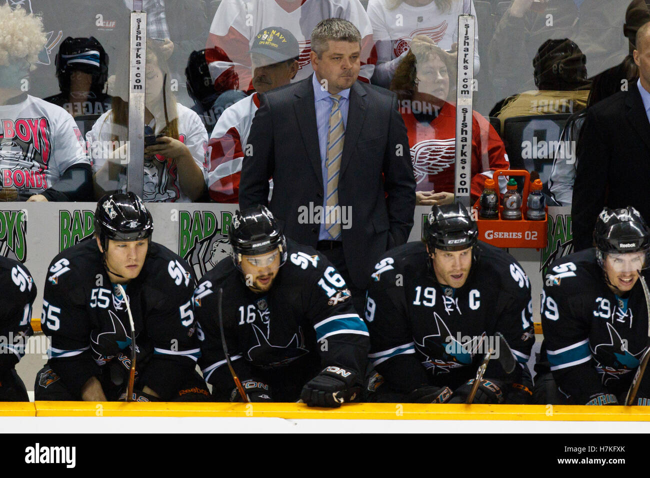 March 3, 2011; San Jose, CA, USA;  San Jose Sharks head coach Todd McLellan on the bench against the Detroit Red Wings during the first period at HP Pavilion. Stock Photo