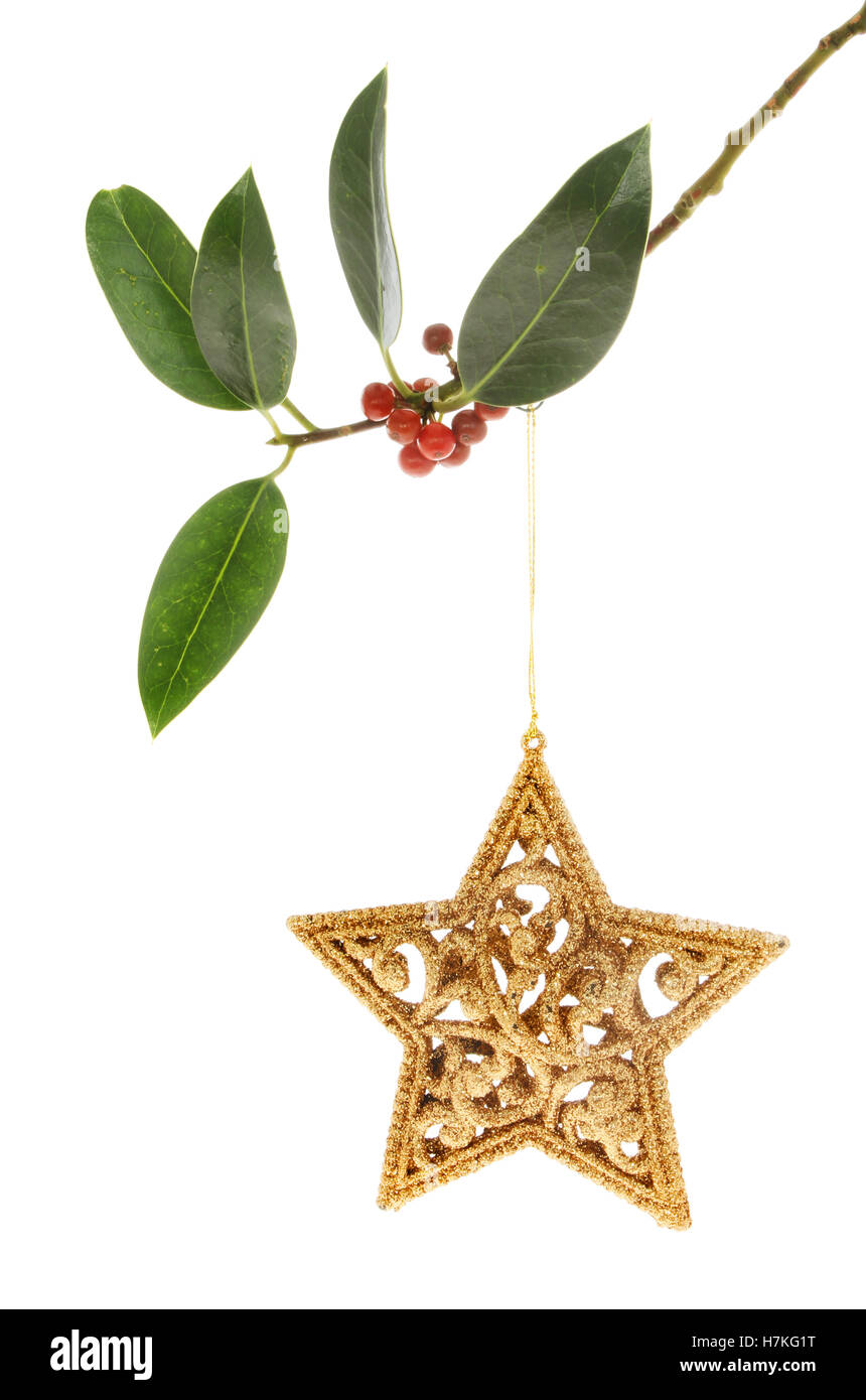 Gold glitter Christmas star hanging from a Holly bough isolated against ...