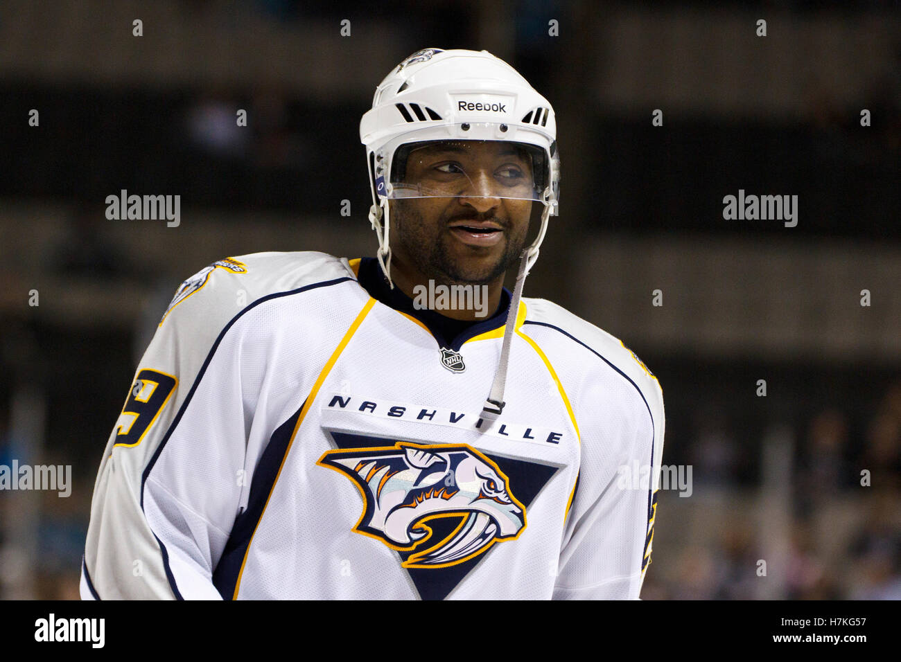 March 8, 2011; San Jose, CA, USA;  Nashville Predators right wing Joel Ward (29) warms up before the game against the San Jose Sharks at HP Pavilion. San Jose defeated Nashville 3-2 in overtime. Stock Photo