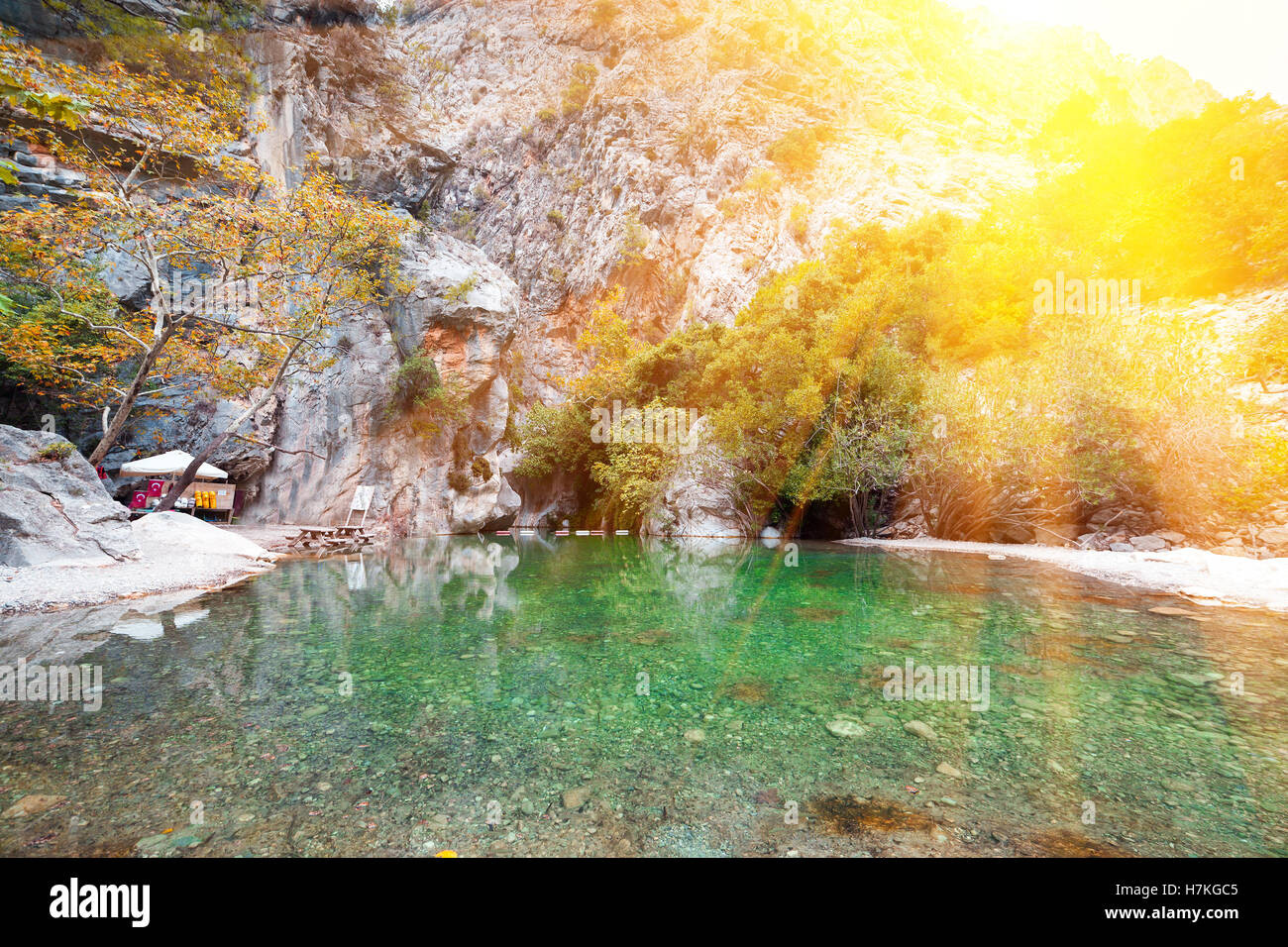 Picturesque scene in Goynuk canyon, located in District of Kemer, Antalya Province. Beautiful sunrise scenery in Turky, Asia. Stock Photo