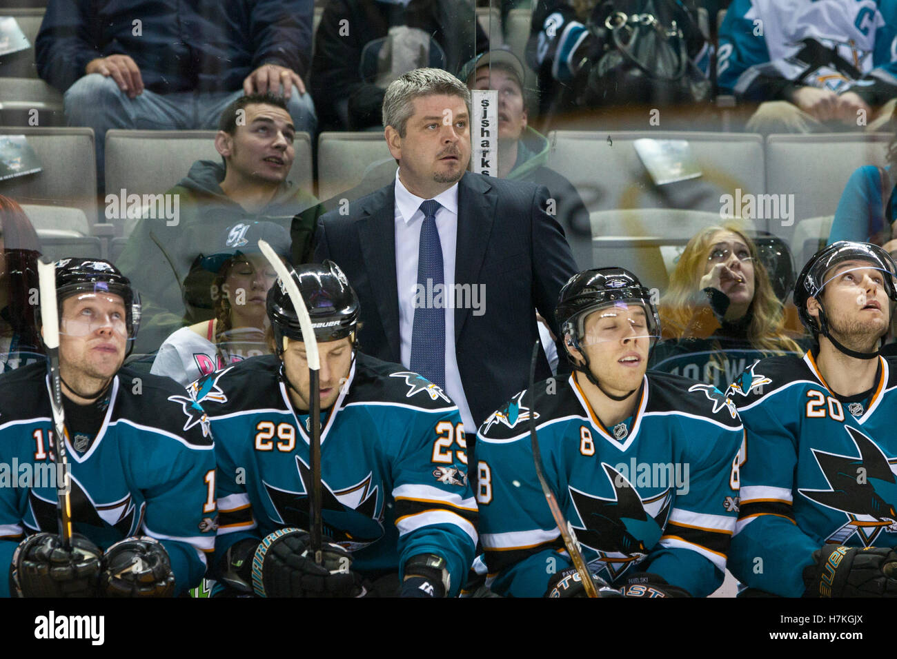 March 23, 2011; San Jose, CA, USA;  San Jose Sharks head coach Todd McLellan stands on behind his team on the bench against the Calgary Flames during the first period at HP Pavilion. Stock Photo