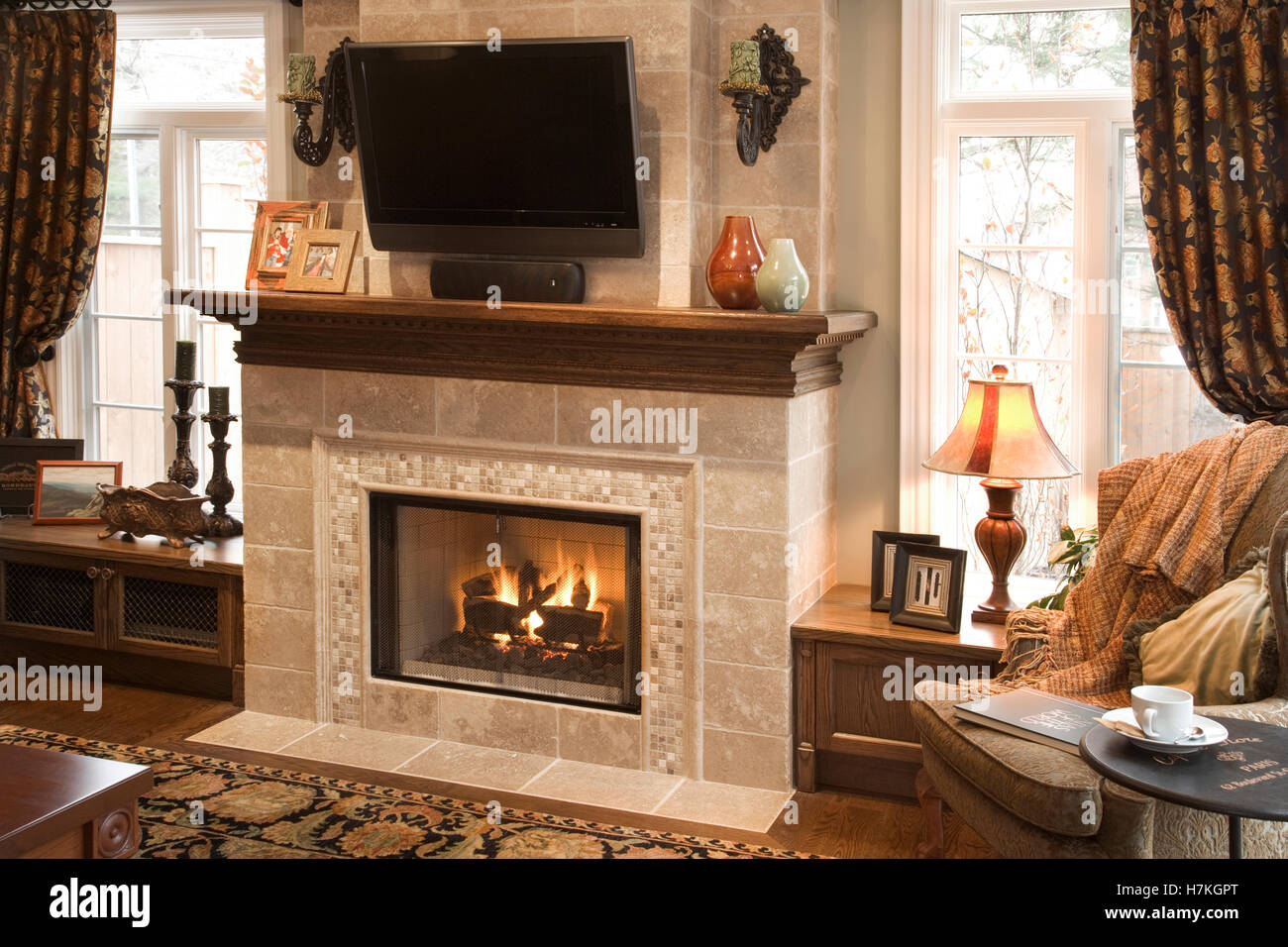 Fireplace In Living Room Of High End Home Stock Photo 125205440