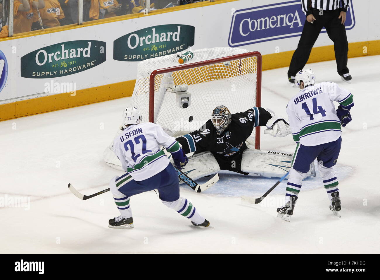 May 20, 2011; San Jose, CA, USA; during the second period of game three of the western conference finals of the 2011 Stanley Cup playoffs at HP Pavilion. San Jose defeated Vancouver 4-1. Stock Photo
