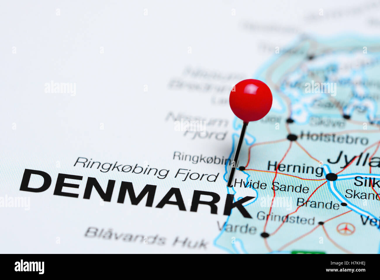 Hvide Sande pinned on a map of Denmark Stock Photo