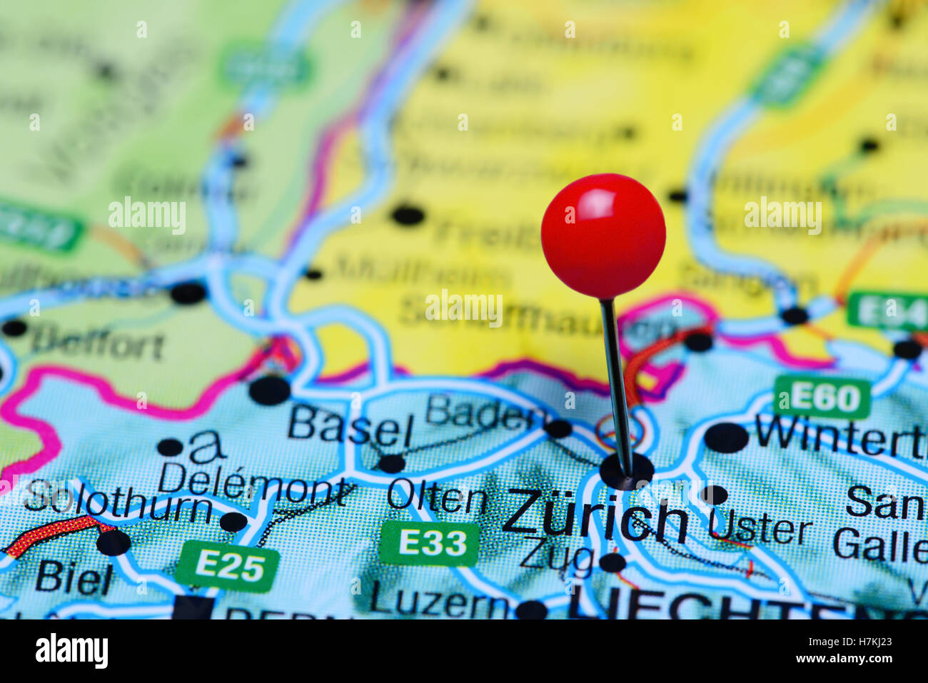 Zurich pinned on a map of Switzerland Stock Photo