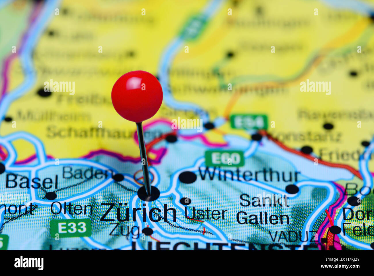 Zurich pinned on a map of Switzerland Stock Photo