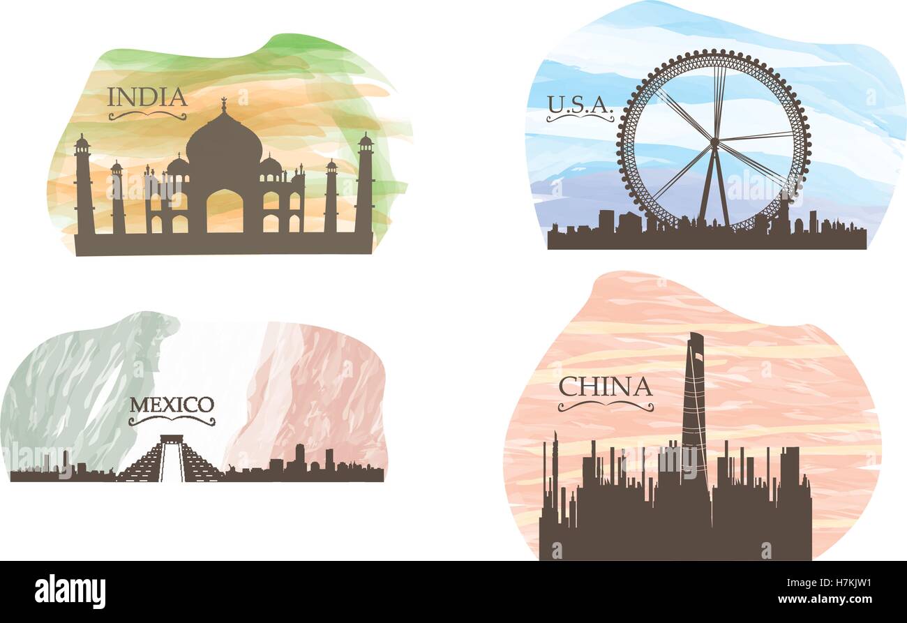 Set of different skylines on a white background, Vector illustration Stock Vector