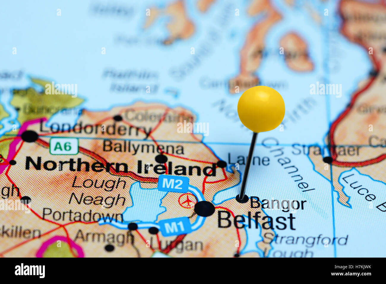 Bangor pinned on a map of Northern Ireland Stock Photo