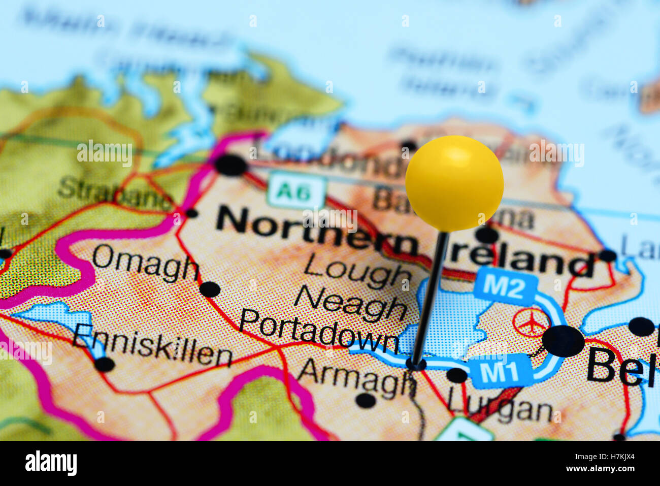 Portadown pinned on a map of Northern Ireland Stock Photo