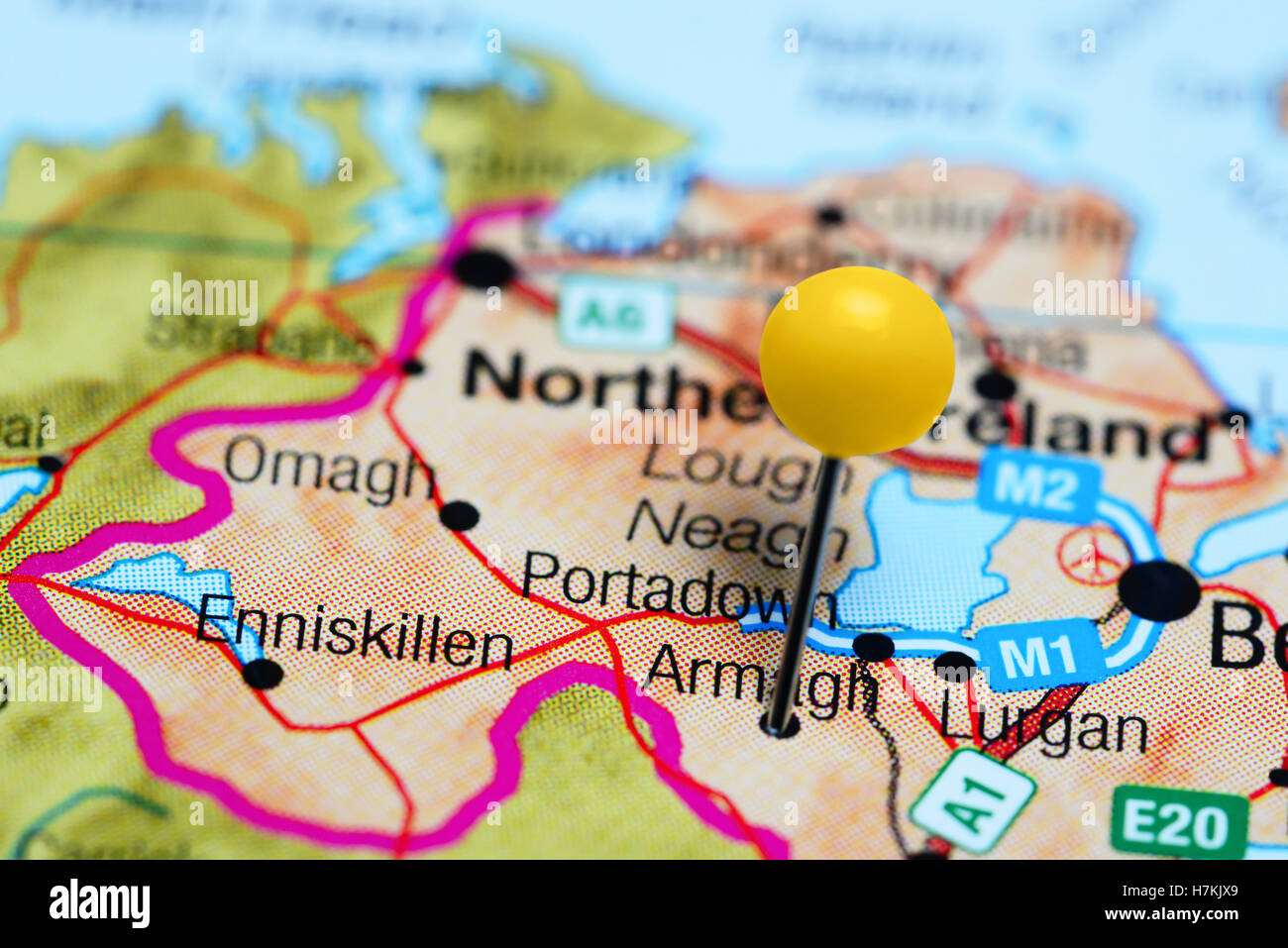 Armagh pinned on a map of Northern Ireland Stock Photo