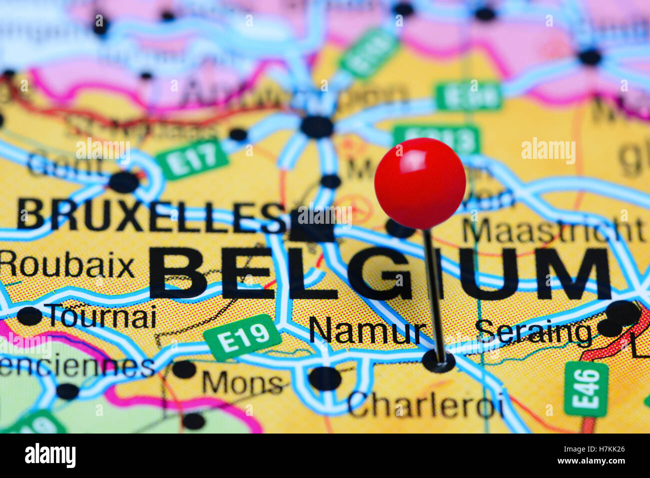 Namur pinned on a map of Belgium Stock Photo