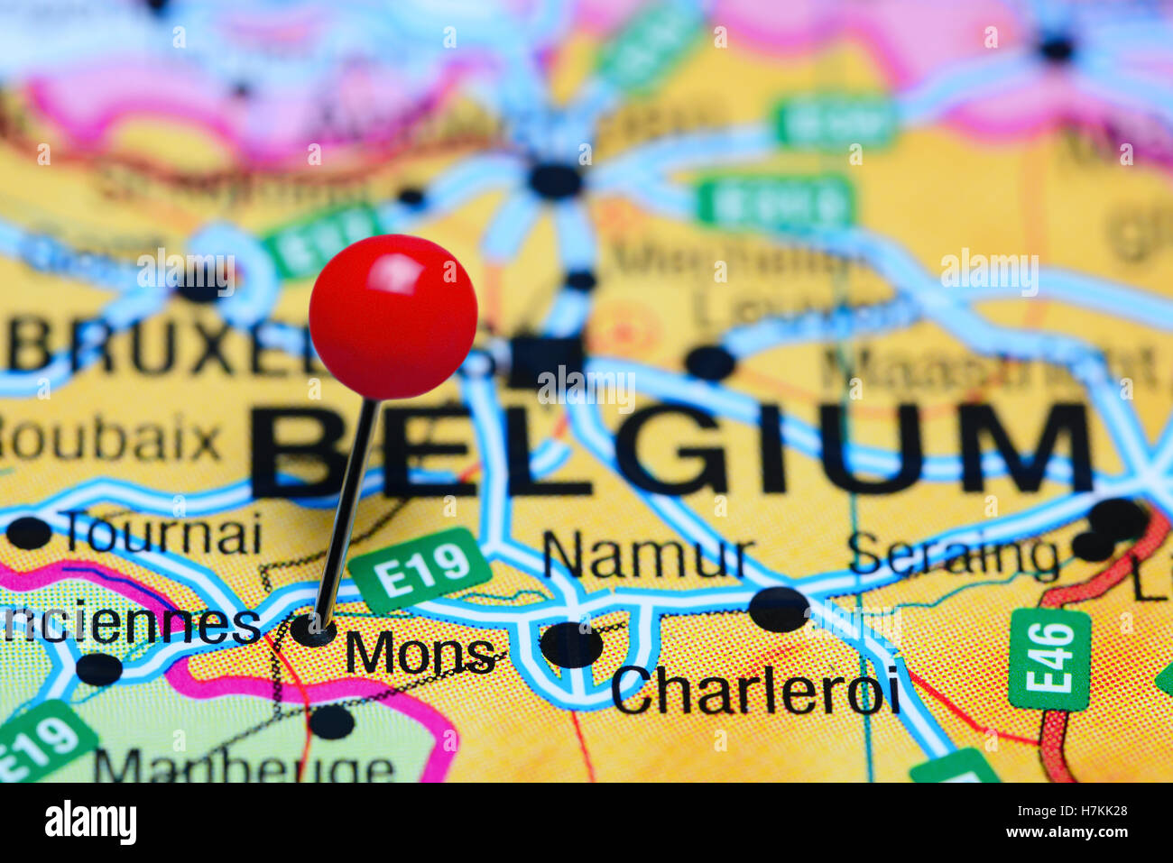 Mons pinned on a map of Belgium Stock Photo