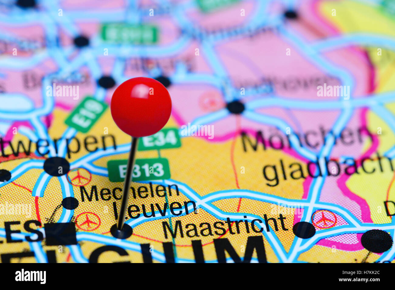 Leuven pinned on a map of Belgium Stock Photo