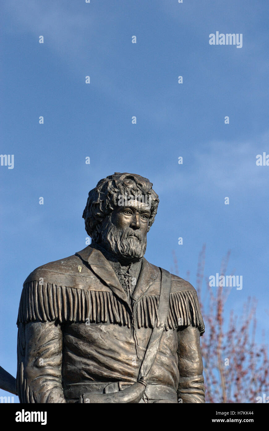 Morgantown, West Virginia, USA - Sculpture of the West Virginia University Mountaineer in front of the WVU Alumni Association building. Stock Photo