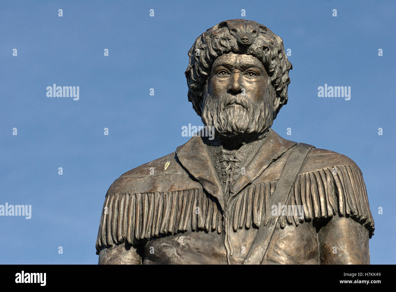 Morgantown, West Virginia, USA - Sculpture of the West Virginia University Mountaineer in front of the WVU Alumni Association building. Stock Photo
