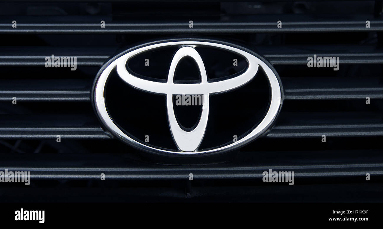 Melbourne,Australia-July 27,2014: Toyota Camry logo in rain.Toyota Motor Corporation is a Japanese automotive manufacturer Stock Photo