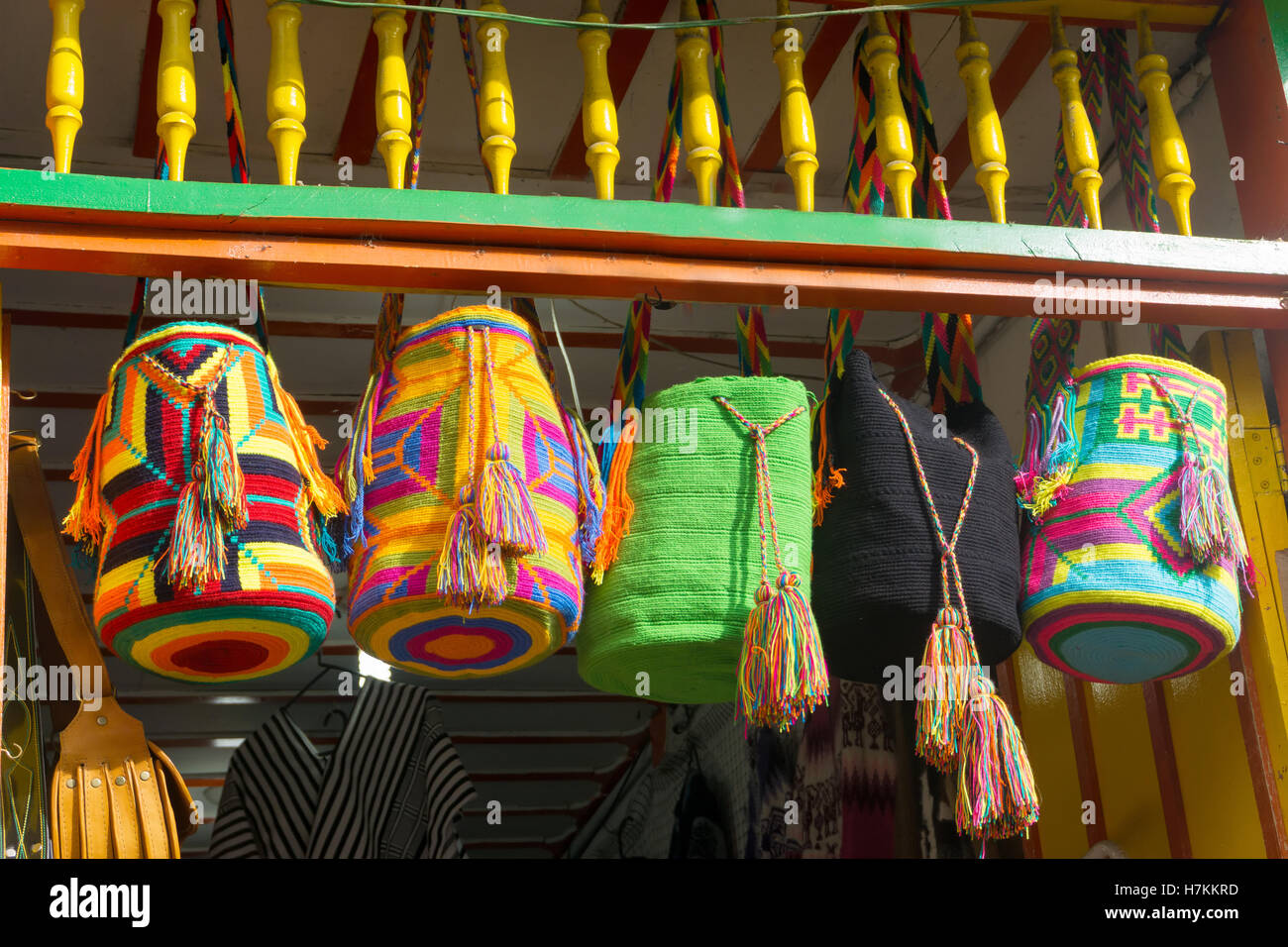 Souvenirs from the La Guajira region in Colombia known as mochilas Stock Photo