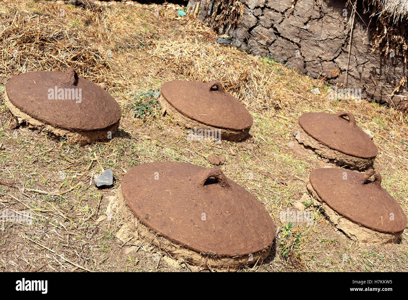 Underground silos made of dry mud and covered with adobe lids inside