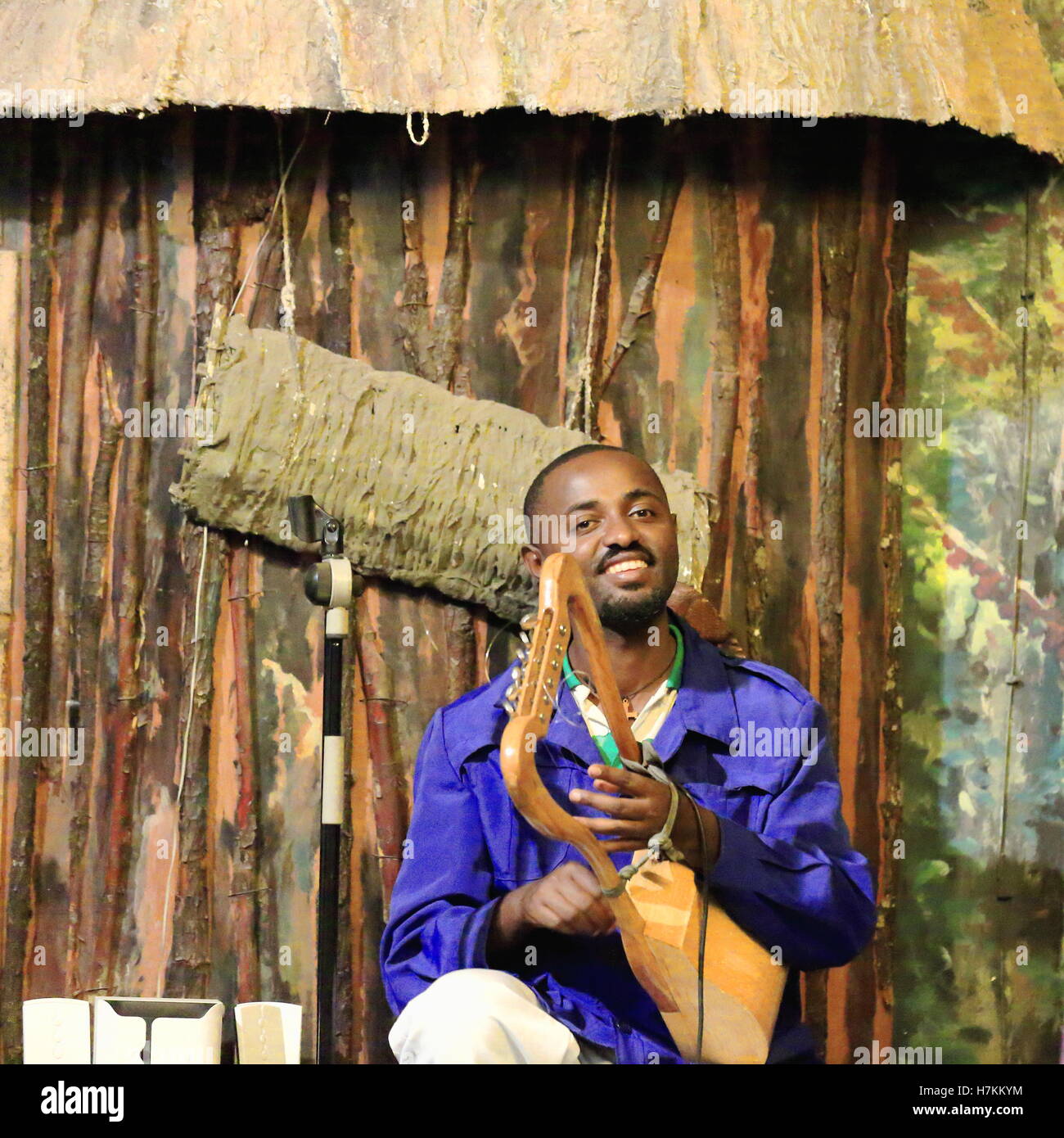Addis Ababa Ethiopia March 31 Local Musician Plays 6 String Krar Lyre While Performing For
