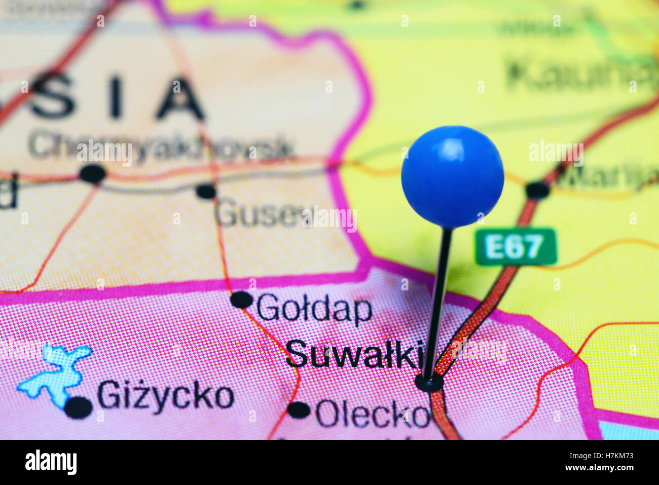 Suwalki pinned on a map of Poland Stock Photo