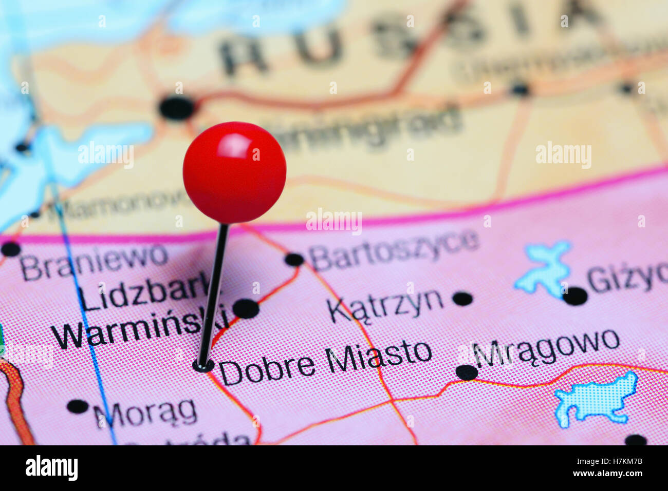 Dobre Miasto pinned on a map of Poland Stock Photo