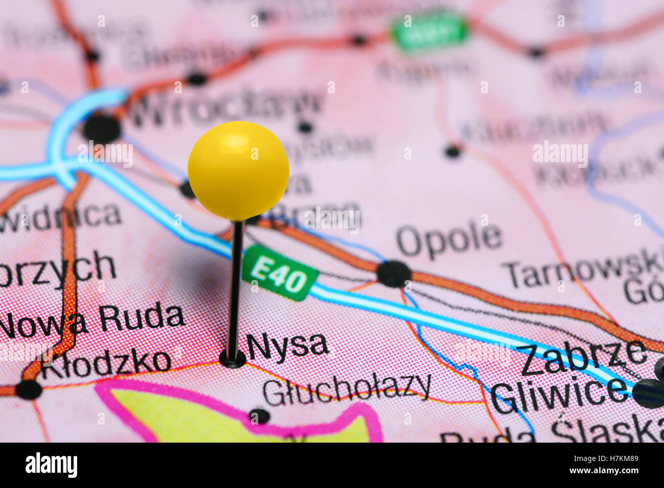Nysa pinned on a map of Poland Stock Photo