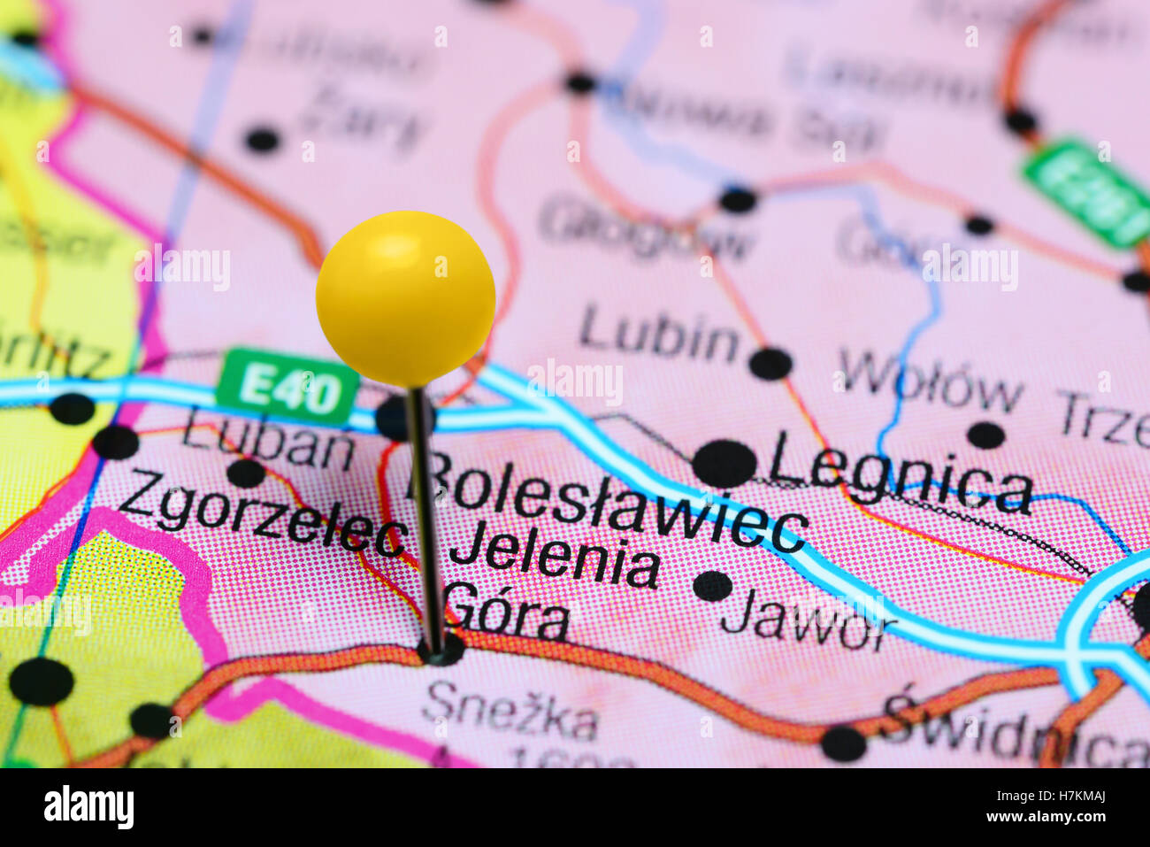 Jelenia Gora pinned on a map of Poland Stock Photo