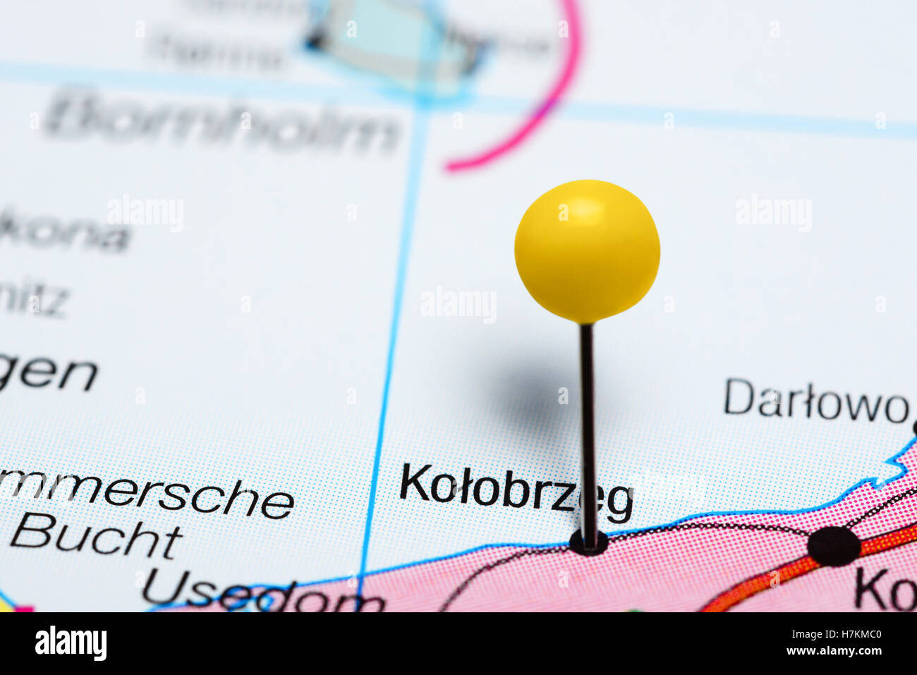 Kolobrzeg pinned on a map of Poland Stock Photo