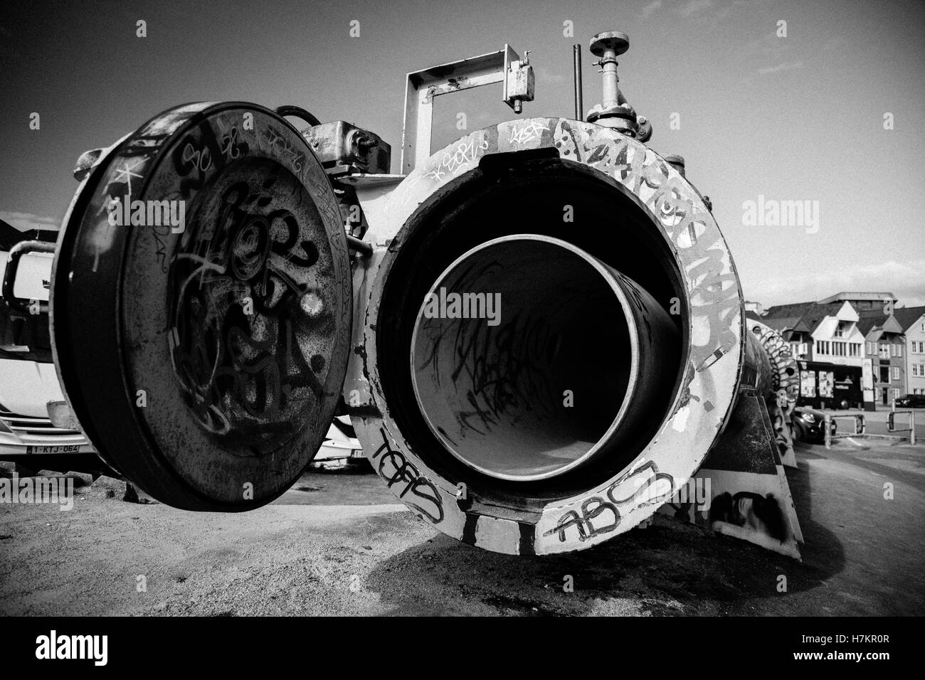 An old oil pipeline, covered in graffiti sits outside Stavangers Oild Museum in Norway. Stock Photo